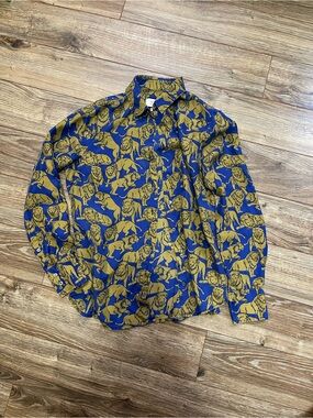 J. Crew Blue Shirt with Gold Lion Print